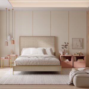 Habitación de matrimonio con cabecero y aro tapizado enmarcado en madera,mesilla redonda y mesilla con hueco y cajón rosa