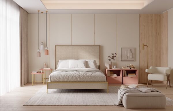 Habitación de matrimonio con cabecero y aro tapizado enmarcado en madera,mesilla redonda y mesilla con hueco y cajón rosa