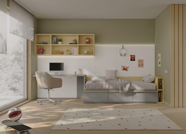 Habitación juvenil combinada en blanco,gris y amarillo