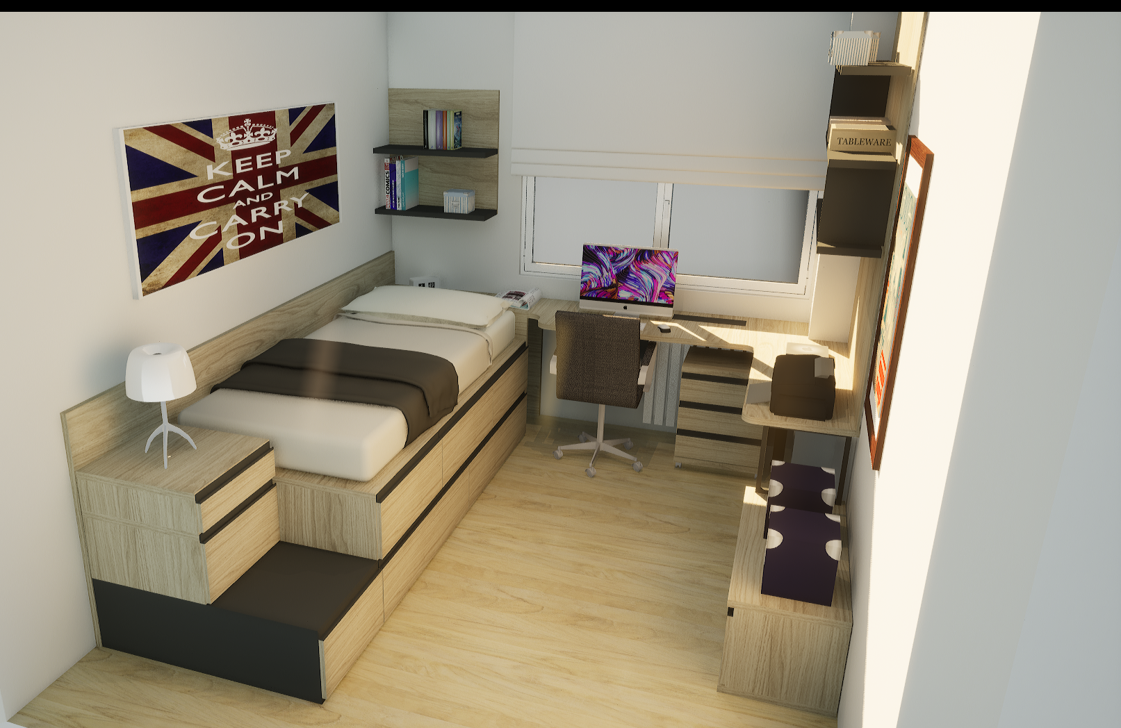 proyecto de dormitorio juvenil para adolescentes combinado en madera y gris oscuro