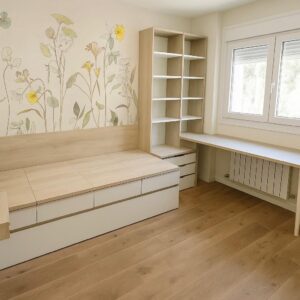 Dormitorio juvenil a medida con cama,estanteria y zona de estudio