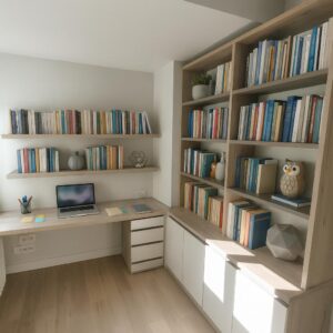 Despacho con libreria y mesa de trabajo