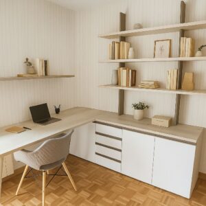 Zona de estudio con librería abierta y almacenaje