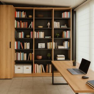 Despacho con librería y mesa de trabajo