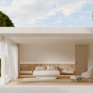 dormitorio matrimonio panelado y mesillas colgadas